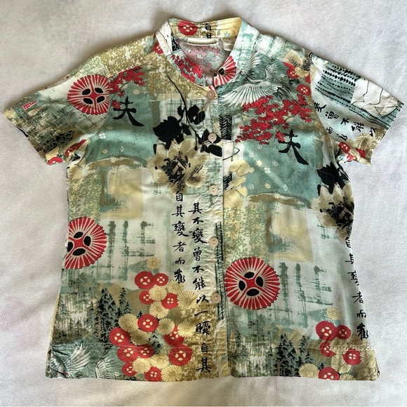 weekend clothes line east asian inspired rayon button up / size medium - Picture 2 of 4